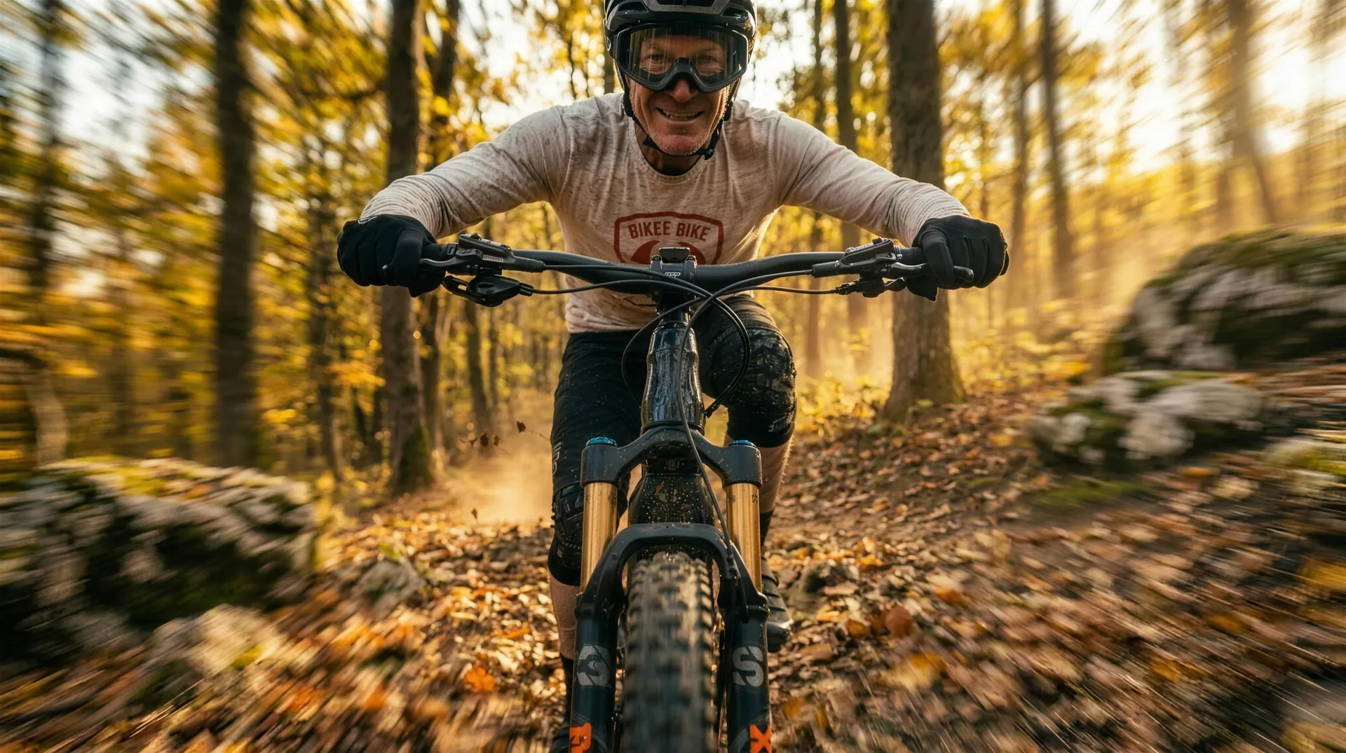 Rider on a Lightest-powered bike in an autumn forest