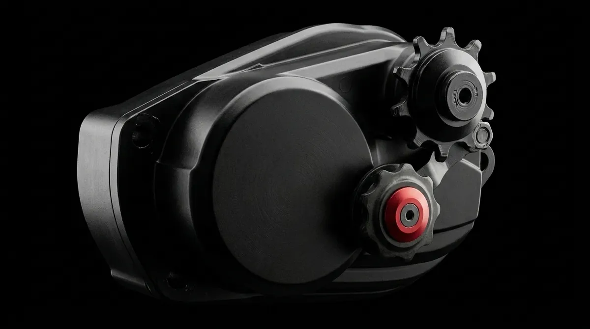 Lightest motor: aluminum housing, output sprocket and red chain-tensioner pulley, in studio lighting